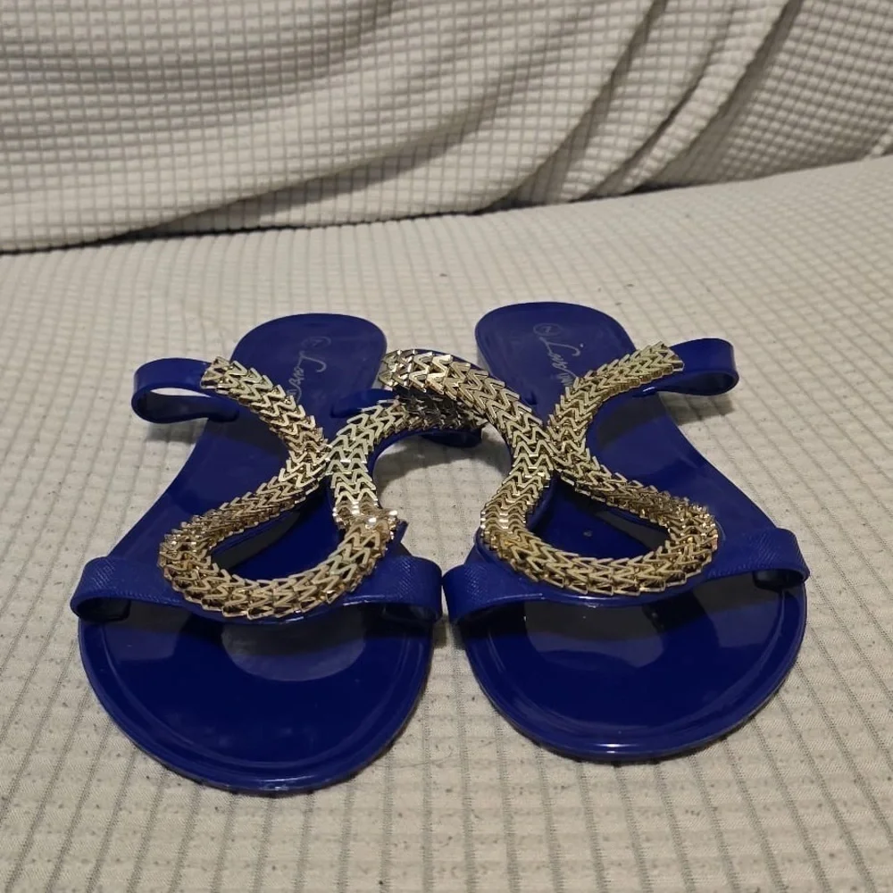 Chic Blue Sandals with Gold Detailing